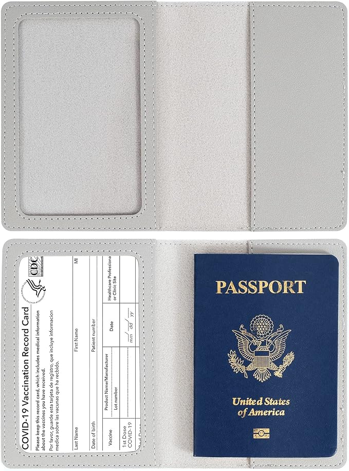 2 Pack Passport covers and Vaccine Card Holder PU Leather Passport Wallet Vaccine Case Protector Slot Travel Passport Wallets for Women & Men (Grey & Green)