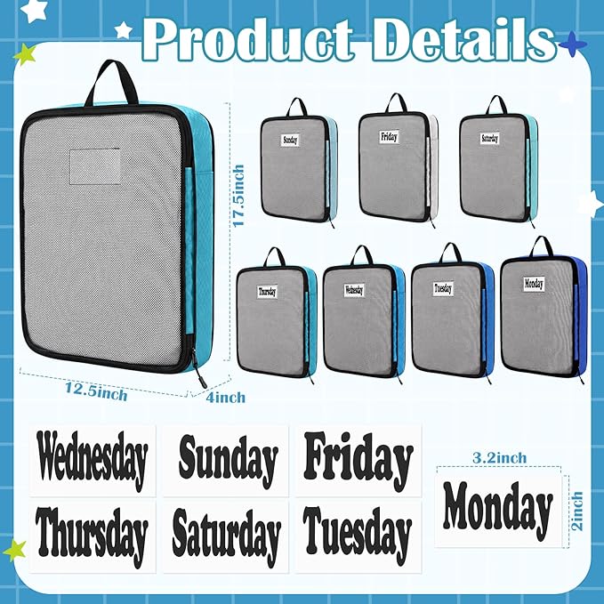 7 Pcs Packing Cubes for Travel Days of Week Compression Packing Cube with Labels Organizers Luggage Storage Bag(Blue,Large)