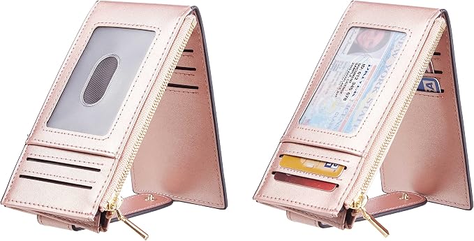 Chelmon Womens Wallet Slim RFID Blocking Bifold Multi Card Case Wallet with Zipper Pocket (Rose Gold CLassic)