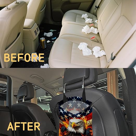 Bald Eagle with American Flag Car Garbage Bag, Small Car Trash Bag Hanging Back of Seat,Drawstring Car Trash Bag with Adjustable Buckle,Car Accessories for Camping Travelling