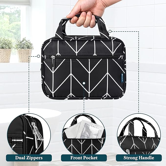 PAVILIA Hanging Toiletry Bag Travel Bag Women Men, Foldable Cosmetic Organizer, Roll up Makeup Bag, Water Resistant Accessories Toiletries, Large Travel Essentials Kit (Black Chevron)