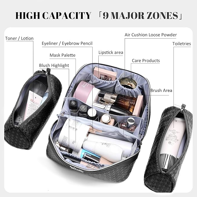 BOYATU Travel Makeup Bag for Women: Four Leaf Clover Large Capacity 3 Pcs Set Cosmetic Bags - Waterproof 50% Extra Space for Toiletry Organizer - Travel Essentials for Fortunate (06 Black)