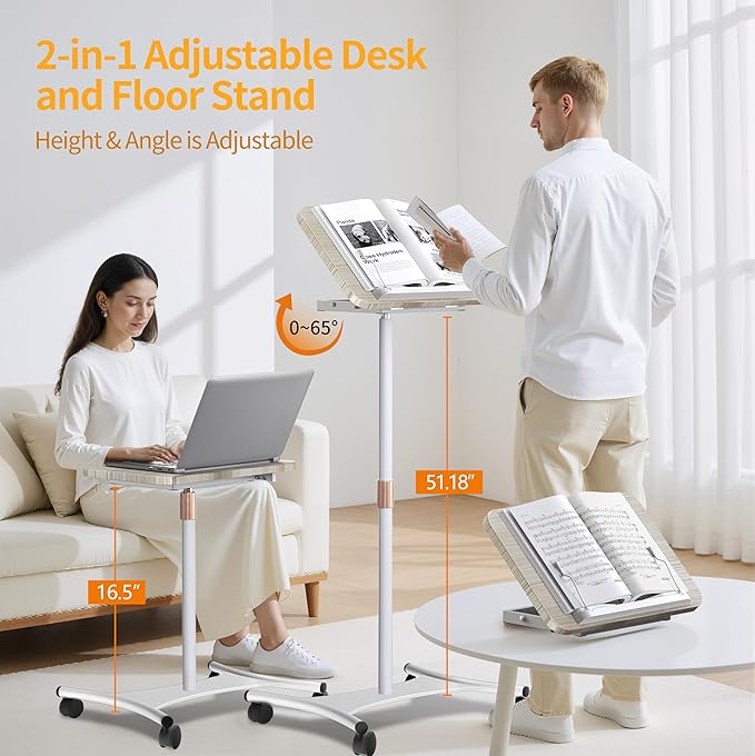Rolling Laptop Floor Stand, Dual-Purpose for Desk & Floor, Adjustable Height from 16.5" to 51", with 4 Lockable Casters & Book Page Clips, Portable Laptop Stand (White Ash Finishing)