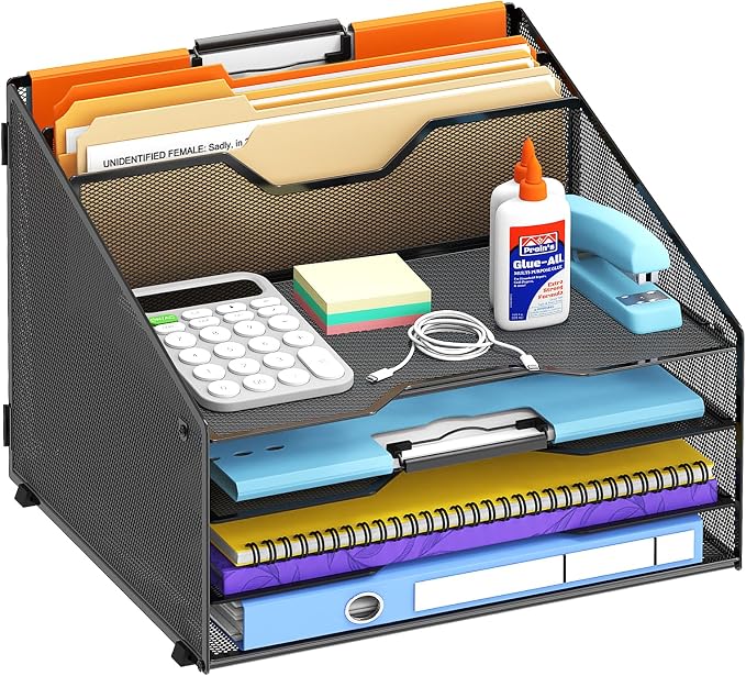 Desk File Organizer, 4 Letter Trays and 2 Upright Sections, Black | Paper organizer for desk with tiered letter trays and upright file sections for home office, school and workspace use