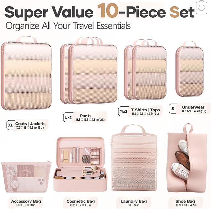 Veken 10 Set Compression Packing Cubes for Travel Essentials,Compressible Expandable Large Luggage Suitcase Organizer Bags for Clothing,Durable Space Saver Storage Bags with Makeup Bag(Beige)