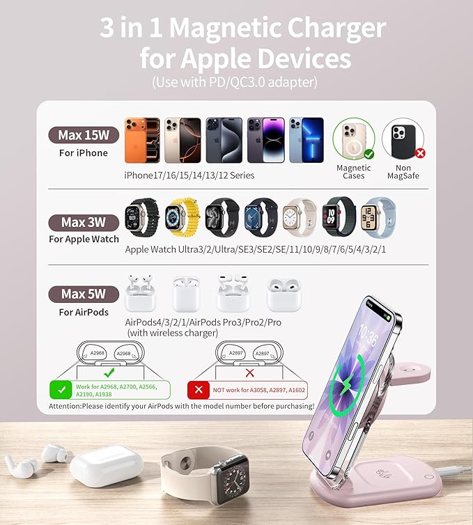 3 in 1 Magnetic Wireless Charging Station for Apple Devices, Fast Foldable Travel Mag-Safe Charger Stand with Night Light for iPhone 17 16 15 14 13 12 Series, Apple Watch/AirPods Pro, PK