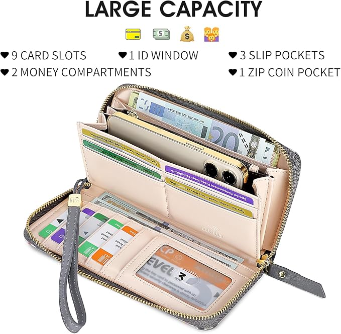 Pomelo Best Womens Wallet RFID Blocking Leather Multi Credit Card Large Capacity Wristlet Zip Around Long Wallets for Lady