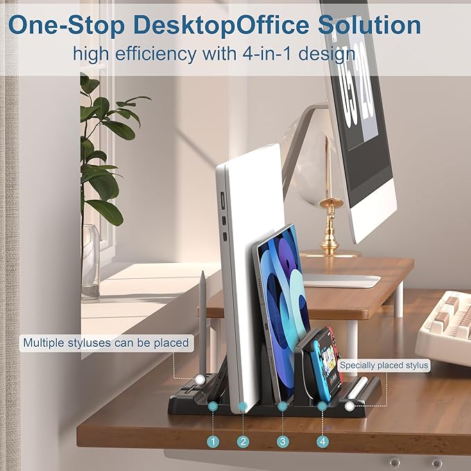 Vertical Laptop Stand Holder - Adjustable ABS Plastic Laptop Holder Vertical, Space-Saving 4 in 1 Compatible with All MacBook Pro Air, Mac, HP, Dell, Microsoft Surface (Black)
