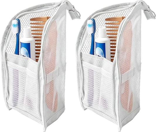 Standing Toiletry Bag, 2026 New Portable Lightweight Travel Toiletry Bag, Foldable EVA Mesh Large Capacity Toiletries Organizer, Hanging Clear Makeup Bag for Women (White 2pcs)