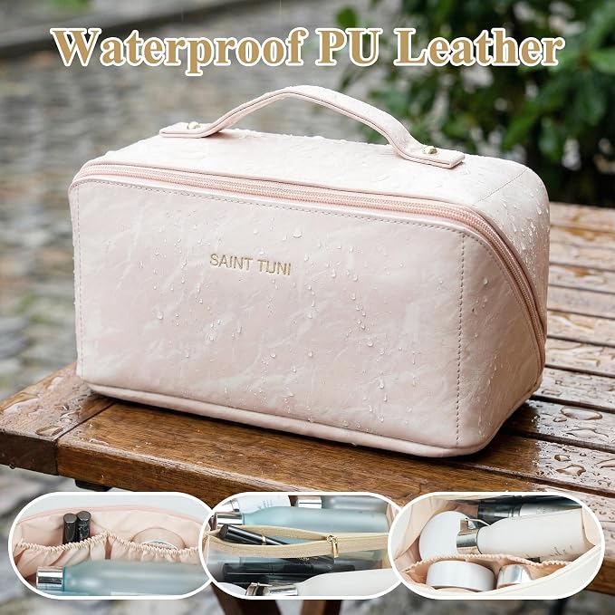 Cosmetic Bag,Travel Makeup Bag, Large Capacity Cosmetic Bags for Women, Waterproof Portable Open Flat Toiletry Bags,Makeup Organizer Bag with Divider and Handle, Cosmetic Pouch Gifts for Women (Pink)
