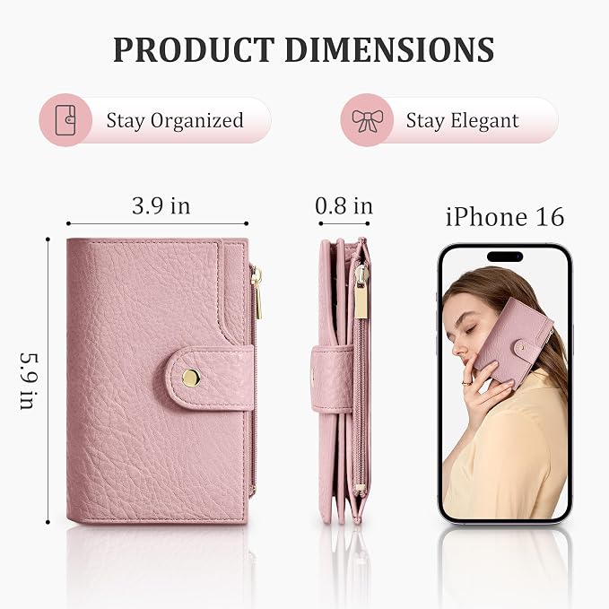 Airkit Small Women's Bifold Wallet, RFID Blocking Credit Card Holder with Zipper, Travel Cute Coin Pocket Wallet for Ladies, Pink