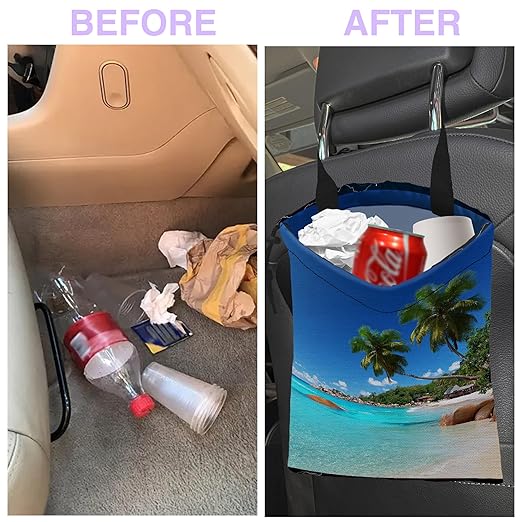 Car Trash Bag Beach Palm Trees Car Garbage Bag Waterproof Car Trash Can for Back Seat with Adjustable Straps and Drawstring, Foldable Car Trash Bin for Car Accessories Vehicle Travelling Camping