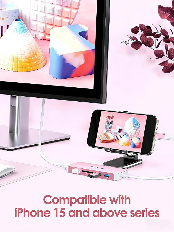 LENTION 5 in 1 USB to USB-C Adapter with Micro SD/SD Card Reader for iPhone, 4K@30Hz HDMI to USB C Hub Multiport Adapater with 3 USB 3.0 Compatible with 2025-2018 MacBook Pro MacBook Neo(Rose Gold)