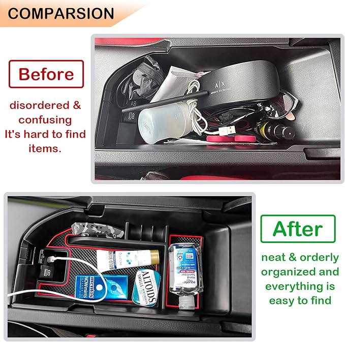 TACORBO Center Console Organizer Compatible with Toyota Camry XLE/XSE 2018-2024 and Camry LE/SE 2020-2024 Accessories, Hybrid Armrest Insert Tray, (not for 9th), Red Trim