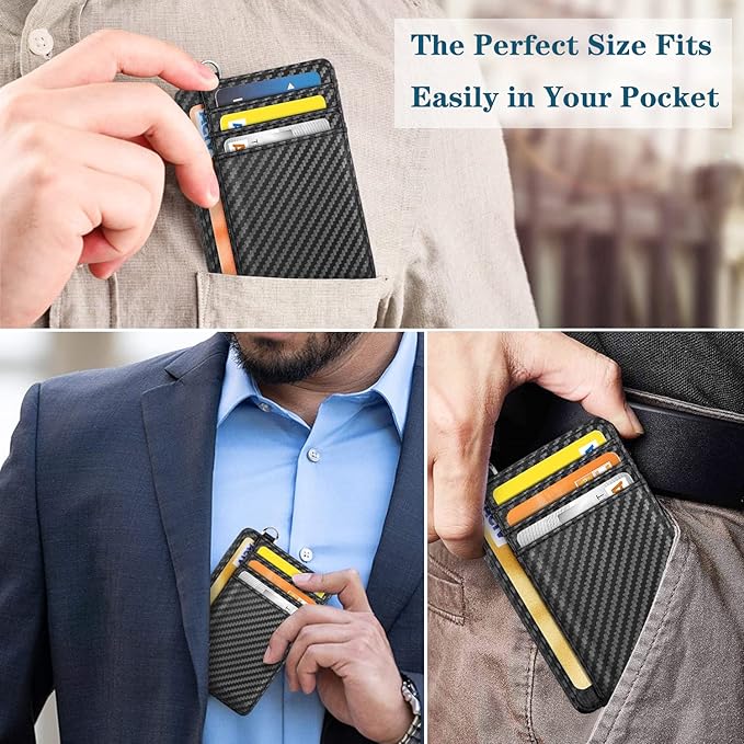 Coco Rossi Slim Front Pocket Wallet RFID ID Card Holder Cute Small Wallet with Keychian for Women,Carbon Fiber