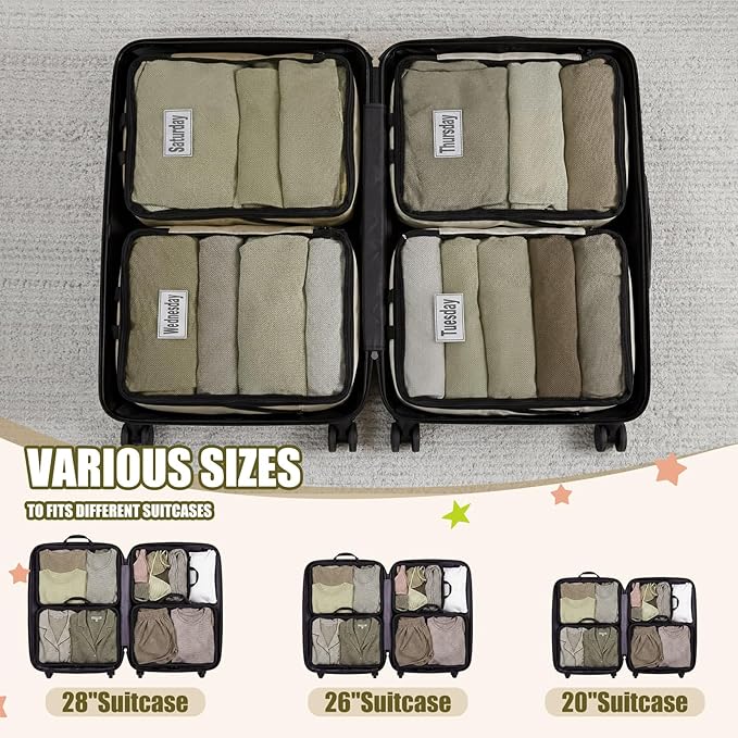 7 Pcs Packing Cubes for Travel Days of Week Compression Packing Cube with Labels Organizers Luggage Storage Bag(Brown,Large)
