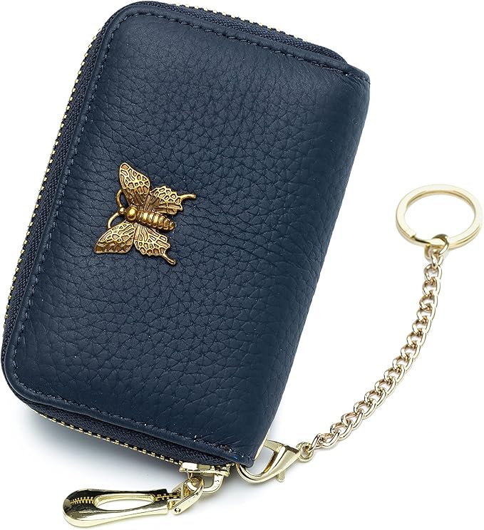 imeetu RFID Credit Card Holder for Women Genuine Leather Card Case Wallet with Zipper and Removable Keychain (Blue)