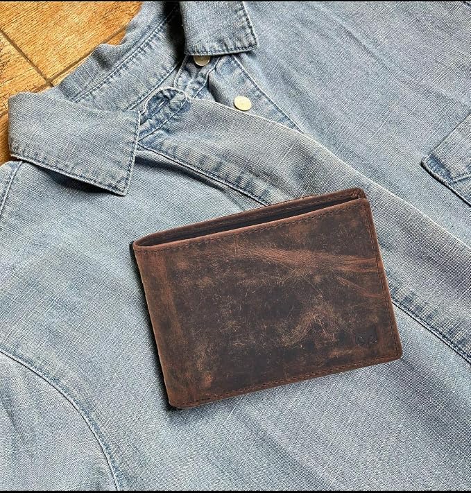 Real Leather Mens Bifold Wallet RFID Blocking Slim Minimalist Front Pocket - Thin & Stylish with ID Window in Gift Box (Crazy Horse, Cognac).