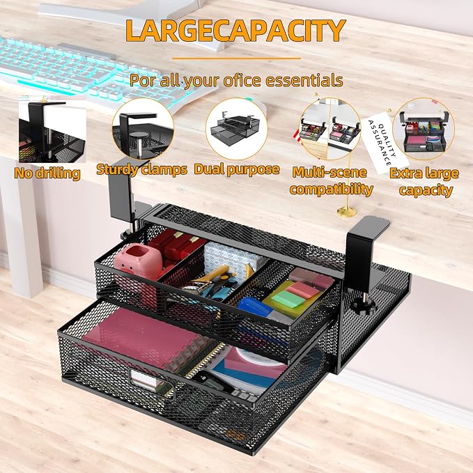 Under Desk Drawer Organizer No Drilling Under Desk Storage Drawer Organizer Metal Under Desk Drawer Suitable for Home and Office(13 Inch)