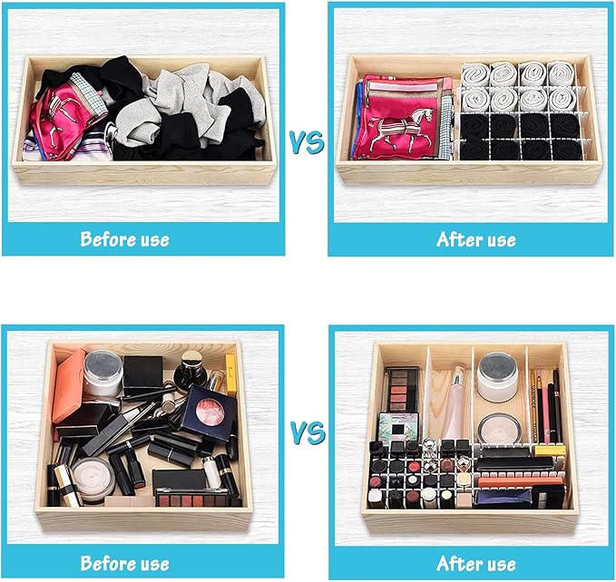 16 Pcs Drawer Divider Adjustable DIY Storage Organizer Separator for Tidying Clutter Cutlery Underwear Socks Clothes Dresses Desk & Box in Kitchen Bathroom Bedroom Office (Cut at Will)