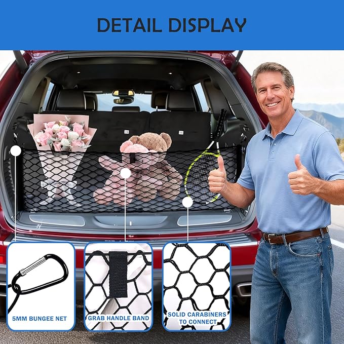 Envelope Style Cargo Net for 2011-2021 Jeep Grand Cherokee Accessories, Rear Trunk SUV Mesh Cargo Net, Upgraded 5mm Bungee & Double-Layer Nylon Storage Tailgate Netting Grocery&Tools Holder Organizer