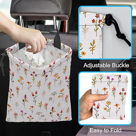 Car Trash Bag Spring Flowers Car Garbage Bag Hanging Car Trash Can for Back Seat with Drawstring