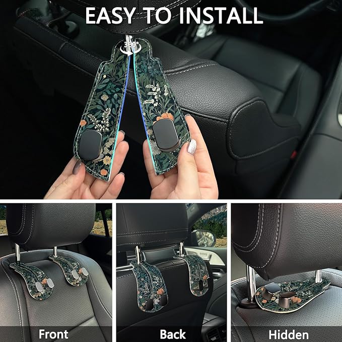 Blusabaca 2PCS Car Hooks for Purses Bags, Weeds Floral Flowers Wildflowers Plants Seat Back Storage Headrest Holder Hanger PU Leather Double Backseat Organizer, Women Car Accessories Organization