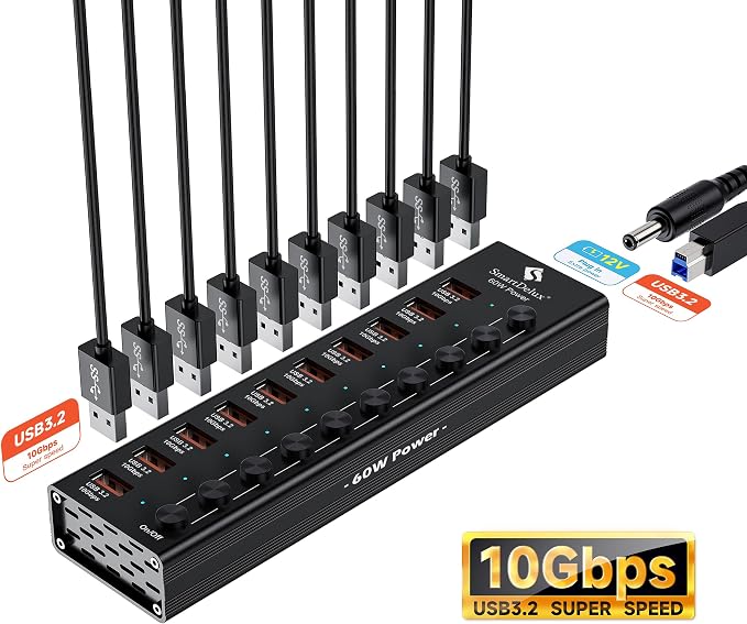 Powered USB 3.2 to Type-A, Type-C Hub, SmartDelux 10Gbps 10 Port Adapter, Individual LED Switches end High-Speed Data Transfer, Power Adapter 60W, USB Extension for Laptop, Flash Drive, PC and More