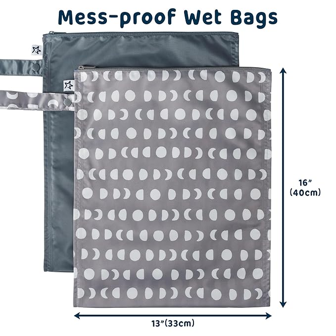 Tiny Twinkle Mess Proof Wet Bags | 2-Pack Reusable Waterproof Wet Bags for Swimsuits | Baby Clothes | Travel & Diaper Bag (Luna)