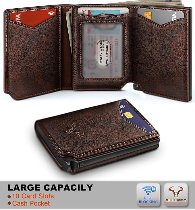 BULLIANT Men Wallet Leather Wallet Card Holders Money Clip for Men 10Cards-Magnetic Flip on Metal Case