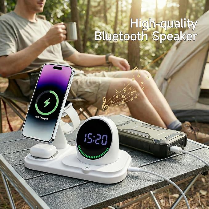 6 in 1 Wireless Charger i-Phone Charging Station: Stand for Multiple Devices for Apples - Compatible i-Phone 17 16 15 14 13 Pro Max Apples Watch Airpods, Design with Wireless Speaker & Clock (White)