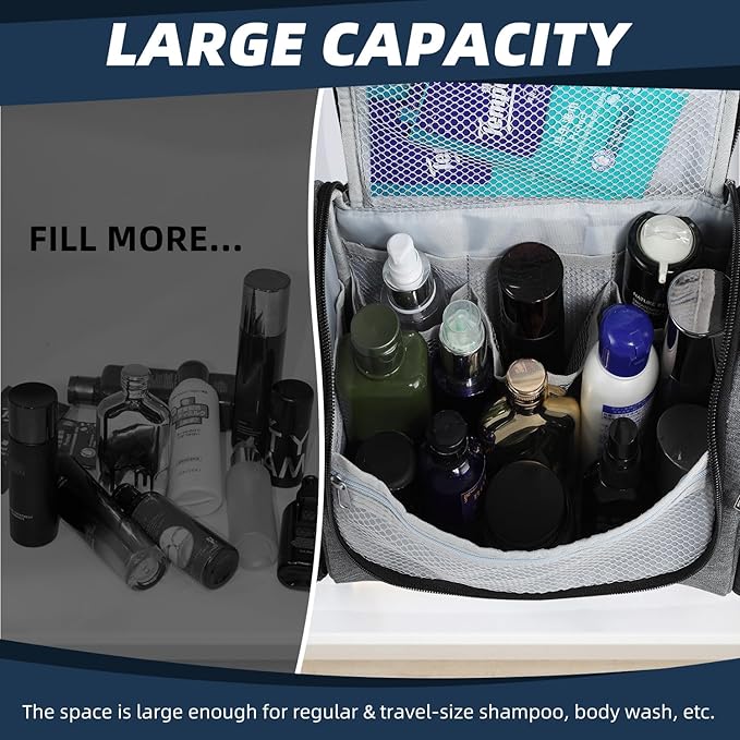 Buruis Hanging Toiletry Bag for Women and Men, Large Water-Resistant Makeup Organizer with Sturdy Hook, Lightweight Nylon Dopp Kit for Full-Sized Toiletries & Cosmetics, Oxford Gray
