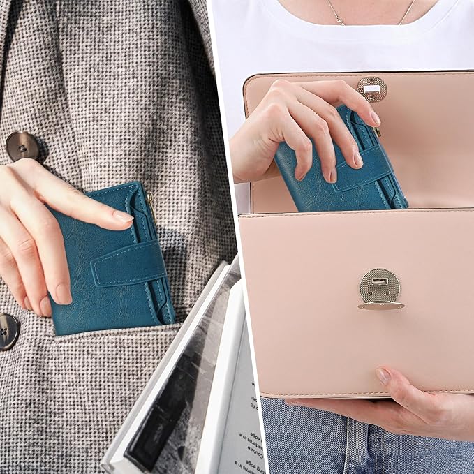 Airkit Small Wallet Women RFID Blocking Soft Leather Bifold Compact Card Holder Wallet for Women with Zipper Coin Pocket 4 ID Window