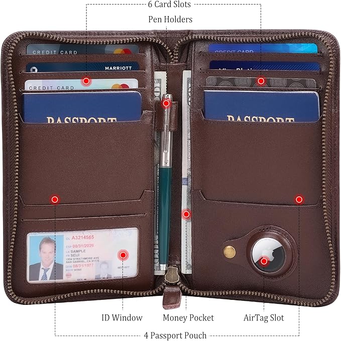 Polare Full Grain Leather Passport Holder Cover Case for Men RFID Blocking Travel Wallet Holds 4 Passports (Coffee with AirTag Slot)