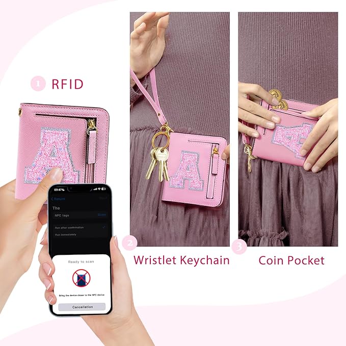 COSHAYSOO Initial RFID Girls Wallet Wristlet Mothers Day Graduation Birthday Gift Ideas for 6 7 8 9 10 11 12 13 14 Year Old Girl Girly Gifts Tween Preteen Teen Preppy Trendy Stuff Pink Letter A