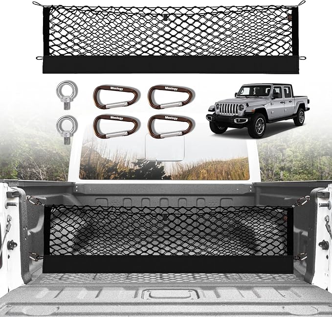 Muslogy Truck Bed Cargo Net Trunk Netting Compatible with Jeep Gladiator 2020-2025 2026 JT Accessories, Pickup Cargo Organizer SUV Sedan Storage Net w/Heavy Duty Carabiners