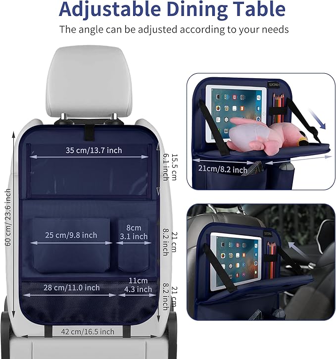 LUCMO Car Backseat Organizer with Tablet Holder-2 Pcs,6 Storage Pockets Car Storage Organizer with Foldable Food Tray,Protectors Kick Mats Travel Accessories-Dark Blue