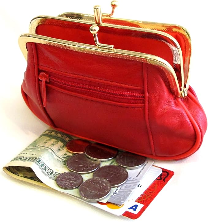 Womens Leather Mini Wallet ID Credit Cards Cash Coin Holder Case Organizer Purse with Framed & Zipper Closures - RED, (COIN03-RED)