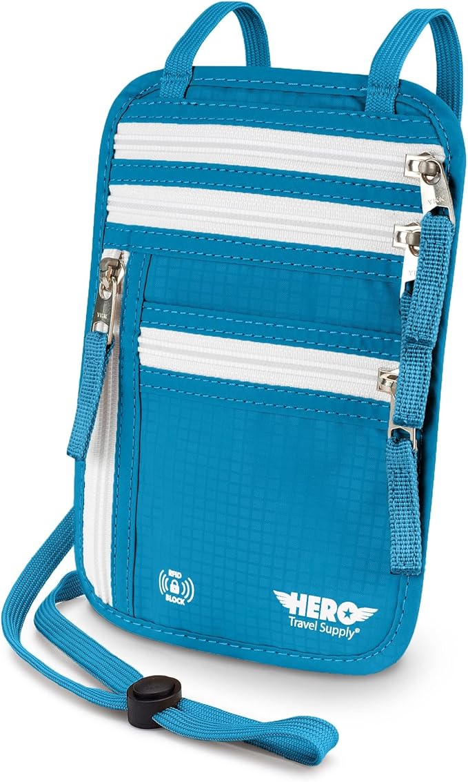 HERO Neck Wallet - RFID Blocking Passport Holder, Easy to Conceal and Pouch (Aqua)