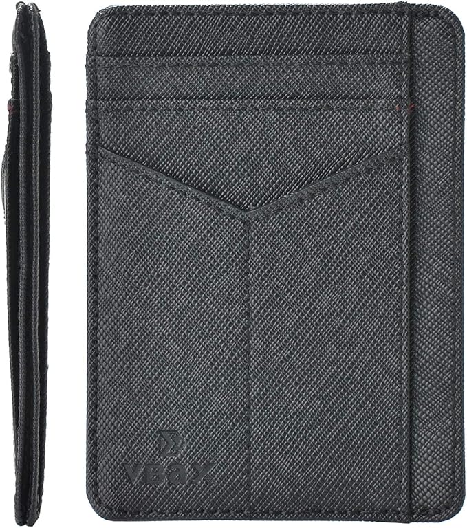 RFID Slim Wallet for Men Women, 8 Card Slot Leather Minimalist Front Pocket Credit Card Holders Carbon Fiber Leather Black