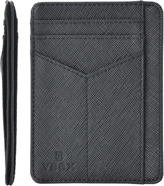 RFID Slim Wallet for Men Women, 8 Card Slot Leather Minimalist Front Pocket Credit Card Holders Carbon Fiber Leather Black