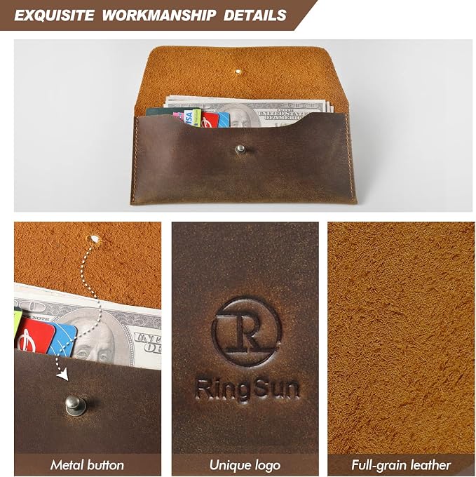 Ringsun Leather Money Cash Envelopes Wallet for Men, Money Bag Pouch Reusable Budget Envelope Wallet, Retro Clutch Wallet, Brown
