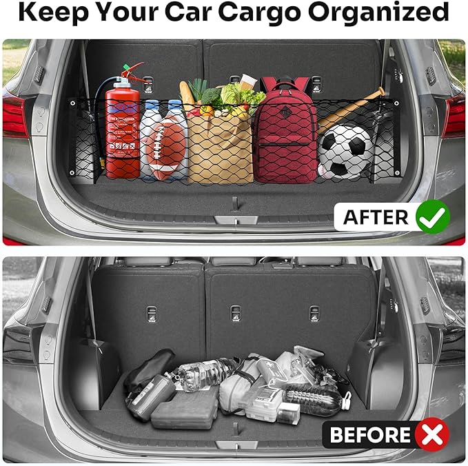 Canvcle Trunk Cargo Net for 2013-2025 2026 Hyun-dai Santa Fe Accessories Envelope Style Mesh Trunk Net Organizer and Storage Stretchable Adjustable Elastic Nylon Rear Cargo Netting with Hooks
