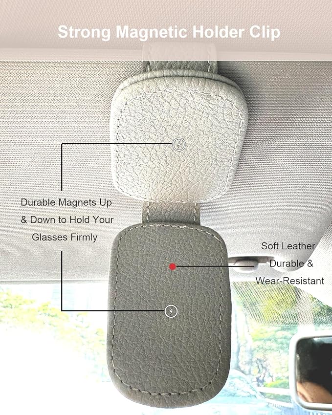 Car Visor Sunglasses Holder, 2 Pack Grey Strong Magnetic Leather Eye Glasses Hanger Clip, Auto Car Truck Sun Visor Accessories