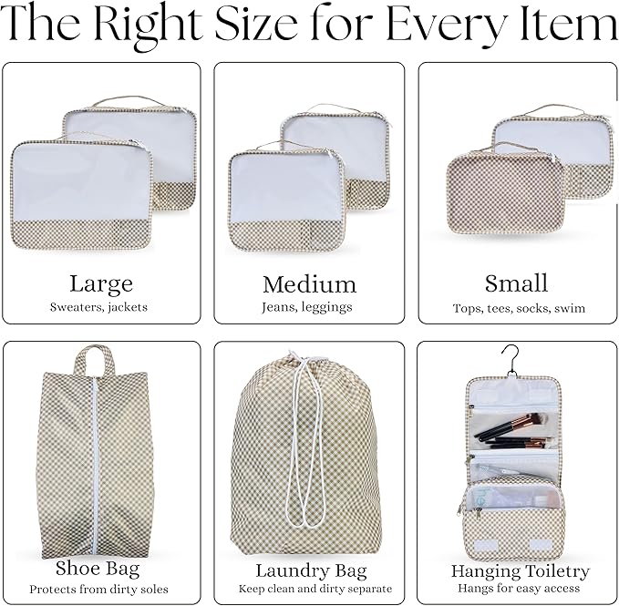 Packing Cubes Set – Cute Packing Cubes for Travel, Luggage Organizer Bags for Suitcase, For Kids & Family, Floral, Neutral & Aesthetic Travel Organizer Set-Gingham