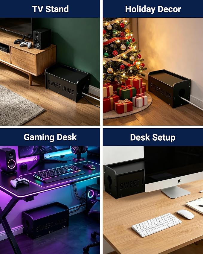 Large Cable Management Organizer Box, Imitation Wood Plastic Cord Organizer Management Boxs, Cord Hider Box for Power Strip Router & USB Hub & TV Wires, Suitable for Both Home and Office (Black)