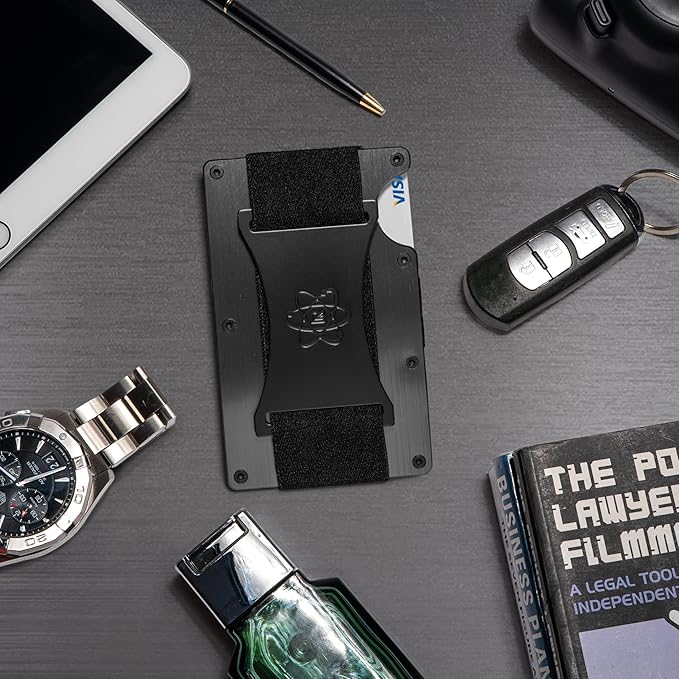 ROSSM Minimalist Wallet for Men - RFID Slim Wallet for Men - Thin Carbon Fiber and Metal Wallet with Cash Strap