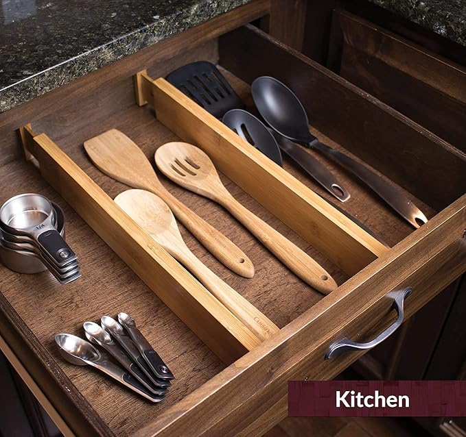 MEKBOK 4-pack Bamboo Kitchen Drawer Divider, Adjustable Drawer Storage, Spring loaded, Suitable for kitchens, Dressing tables, Bathrooms, bedrooms, Drawers, Desks