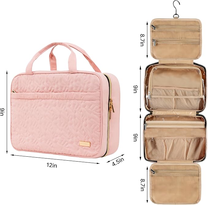 Carrywell Travel Toiletry Bag for Women with Hanging Hook, Makeup Organizer Case, Water-Resistant Cosmetic Bag For Full-size Containers, Toiletries, Pink Large, Not Made In China