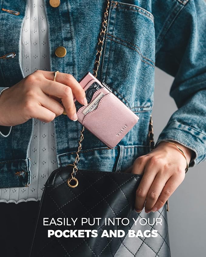 VULKIT Credit Card Holder Minimalist Slim Pop Up Wallet with Leather Slots RFID Blocking for Men and Women Holds 7 Cards and Notes Pearl Pink